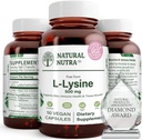 Naturlig Nutra L Lysin HCl, fremmer bein helse og vekst, støtte hud helse, forbedre vitamin absorpsjon, hjelper bygget kollagen, forbedre kalsiumabsorpsjon, ikke-GMO, vegansk, 500 mg, 50 kapsler.