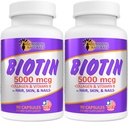 Sunshine Naturals Biotin kosttilskudd. for sunnere hud, tykkere hår, neglevekst. Collage, vitamin A, B for håravfall, skjønnhet, cellefornyelse, Scalp helse. 5000 mikrog. 90 kapsler. Pakke med 2