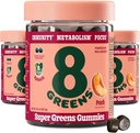 8Greens Supergreens Gummies Super Greens pulver Superfood Gummy for metabolisme, immunitet og fokus, Digestiv helse Enzymer, Organisk: Klorella, Spirulina, Aloe Vera, Peach Flavor, 150 greve