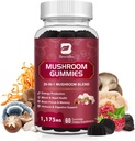 Mushroom Gummies, 20 i 1 Lions Mane Mushroom Complex Supplement med Reishi, Chaga, Cordyceps og mer for voksen, Støtte for hjernen, Fokus, Kognitiv og immun helse, Vegansk, bringebær Flavor, 60 greve