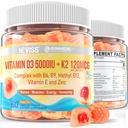 Vitamin D3 5000IU + K2 (MK-7) 120mcg, sukkerfri vitamin D3 K2 fylte gummier med vitamin B-kompleks - Metyl B12, B9, B6 | Vitamin E & Zink, MCT olje - støtter bein og tenner styrke, immun, 2PACK