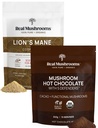 Ekte Mushrooms Hot Chokolade Mix (15 porsjoner) og Lions Mane (60 serveringer) pulver Bundle - Mushroom pulver Supplement for daglig immunitet og kognisjonsstøtte - Glutenfri, ikke-GMO, Vegansk