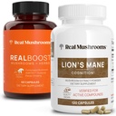 Ekte Mushrooms RealBoost (60ct) og Lions Mane (120ct) Kapsler Bundle - Mushroom Supplement for energi, vitalitet og kognisjon - Energi og hjerne vitaminer w/Cordyceps, Ginseng, Guayusa - Vegansk, ikke-GMO