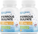 Puregen Labs Ferrous Sulfate 325 mg (65 mg Elementalt jern) høy potens jerntilskudd | Ingen kunstige fargetilsetninger - Totalt 400 tabletter laget i USA