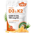 VEV Corefeel Vitamin D3 K2, 5000 IU D3 100mcg K2 (MK 7), 300 Softgels, 2-i-1 vitamin D & K Supplement med kokosolje, støtter kalsiumabsorpsjon og bein helse, lett å svelge