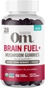 Om Mushroom Superfood Brain Drivstof + Gummies, 28 Serveringer, Bringebær Gummy Supplement med Lions Mane for minne og fokus