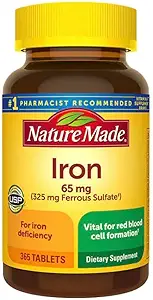 Natur laget jern 65 mg 365 tabletter (325 mg Ferrous Sulfate), kosttilskudd for rødt blod celle støtte, 365 tabletter, 365 dagers levering- buldret med nalkotSuppliments Guide