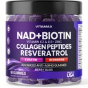 NAD+, Resveratrol, Berberine, & Biotin Anti-Aging Gummy - Hår, hud, negler og felles Supplement - Kollagen Peptides, Keratin, sink, vitamin K2 & D3 Gummies - Regenerasjon- Ikke-GMO - Laget i USA 60 Antall