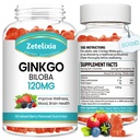 2 Pack Ginkgo Biloba Gummies for kvinner og menn, Brain Supplement Forbedre bedre humør og fokus, Vegansk blandet Berry Flavor 120 Count