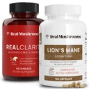 Ekte Mushrooms RealClarity (60ct) og Lions Mane (120ct) Kapsler Bundle - Mushroom Supplement for hjernens helse, mental klarhet, fokus, kognisjon og immunstøtte - Brain vitaminer w/Ashwagandha