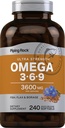 Piping Rock Omega 3 6 9 Kosttilskudd for kvinner og menn | 3600mg | 240 Softgel kapsler | Fish Flax Borage | Ultra styrke | Ikke-GMO, Glutenfri