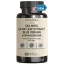 VINATURA Organic Sea Moss, Blå Vervain - med svart frøolje, Ashwagandha, Ginger, Burdock Root Capsules - 1250mg per servering, * USA laget og testet* Immun Booster for voksne