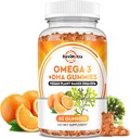 Omega 3 Gummies, Omega 3 Fish Oil Supplement Alternativ med EPA & DHA, CoQ10, Folat, vitamin A, D3, E, støtter hjernen, felles, hjerte, øye og immunsystemfunksjon-Orange Flavor, 60 Gummies