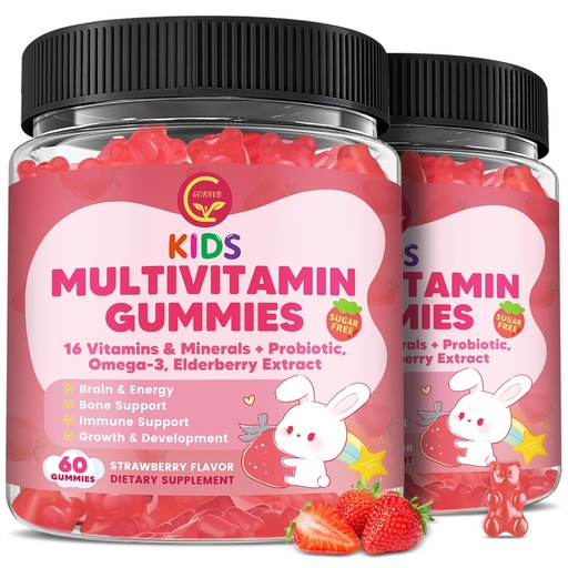 (2 Pack) Kids Methylated Multivitamin Gummies with Omega 3, Multivitamin for Kids 4+ w/L Methylfolate & B12, Calcium, Probiotics, Elderberry, 16 Vitamins for Healthy Growth, Immune Support, Sugar Free