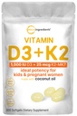 Mikroingredienser Vitamin D3 1000 IU + K2 MK-7 25 mg, 300 Softgels | Jomfru Kokosolje | 2-in-1 Bein, Immun & hjerte støtte | Lett å svelge, ikke-GMO