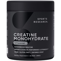 Idrettsforskning Kreatin Monohydrat - Gain Lean Muscle, forbedre ytelse og styrke og støtte utvinning - 5 g Mikronisert Kreatin - 10,58 oz