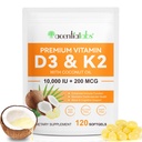Vitamin D3 K2 Supplement Softgels, 10000 IU VIT D3 + 200 MCG K2 (MK-7) | i-1 Replenish Formula med kokosolje, støtter i kalsiumabsorpsjon, lett å svelge 120 kapsler.