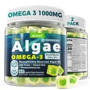 2 Pakke Algae Omega 3 Gummies 1000mg, Plante Basert DHA 460mg & EPA 230mg, Omega 3 Fiskeolje alternativ for voksne, Plus MethylFolat, Vitamin B12, Fosfatidyserin, Ingen Fisket Smak, Vegansk, Sukkerfri
