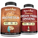 Nutrivein Premium Magnesium L-Treonate & Panax Ginseng Supplement Bundle: Høyabsorpsjon Magnesium Threonate og Red Ginseng Supplement Par for hjerne, Mood, & Vitality