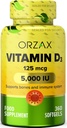 ORZAX-vitamin D3 5000 iu (125 mikrog) – Ikke-GMO, Glutenfri, Sukkerfri, Dairy Free – 1 års levering for sterk muskelfunksjon og immunstøtte – Mood Supplement for velvære (360 Softgel)