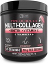 Premium Multi collagen Peptides Protein pulver (1, 2, 3, 5 & 10) med vitamin C, Biotin, Hyaluronsyre, for hår hud og negler - Marine, Bovine, Kylling og eggskal (Strawberry, 45 serveringer)