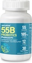 55B Probiotika Premium - 55 milliarder CFU, 12 Strains, 185mg Prebiotic - Immunstøtte, Digestiv og Gut Helse - Støtter Avslappende galakse, Gas & Bloating - 30 Vegankapsler, 30 dagers forsyning