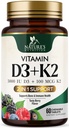 Vitamin D3 K2 Supplement | 5000 IU D3 + K2 100 mg | MK-7 K2 med vitamin D | Støtter immun, hjerte, tenner og bein helse - Naturens lette å Chew, VIT D3 K2, Non-GMO, Tasty Berry Flavor - 60 tabletter
