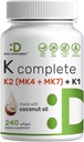 DEAL Supplerende Vitamin K Komplett - 240 Kokosolje Softgels | høy styrke vitamin K2 (MK-7 og MK-4) & K1 | Full Spectrum Triple Vitamin K | Bone, Joint, & Immun Support – Ikke-GMO