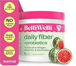 Belli Welli Fiber Supplement for kvinner og menn – Premium daglig fiber pulver fra organisk akacia med tilsatt collagen, elektrolytter og probiotika – No Bloat, cocktail & Gut Health Support (Watermelon)