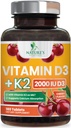Vitamin D3 K2 2000 IU Plus med K2 (MK-7) 75 mg - Vitaminer D & K Complex Supplement for bein, tenner, muskel, kalsiumabsorpsjon, støtter immun- og hjertehelse, ikke-GMO Chewable Formula - 180 tabletter