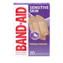 Band-Aid merke klesmerke Bandages for sensitive hud, Hypoallergenic førstehjelp bandages med smertefri fjerning, holder seg på når våt og egnet for Eczema prone hud, sterile, assortert, 20 ct