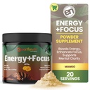 EarthNutri Energy + Focus Powder Supplement - Energi øker og hjelper konsentrasjonen med PeakO2, AlphaSize, Cognizin, PurCaf, Theacrine, Acetyl L-karnitin L-tyrosin - Mango Flavor - 20 Serveringer (171g)
