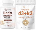 Micro Ingredienser Vitamin D3 5000iu + K2 100mcg Softgels & Lions Mane Supplement 240 Veggie Capsules Bundle 2 Pack | Essential Sunshine Vitamins | Supermat Mushroom Antioksidanter med L-Ergothioneine