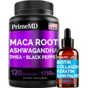 4-i-1 flytende biotin kollagen Keratin Sag Palmetto Drops (2 fl oz - 1 Pack) & 6-i-1 Maca Root Ashwagandha w Black Pepper Fruit (120ct) Bundle - hår, hud, negler, energi og mood Support Supplement