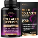 Multi collagen Peptider - Hydrolyserte typer I, II, III, V & X - Kollagen Supplement for kvinner 1300mg - w / Hyaluronsyre, vitaminer C & E - Hud, Hår, negler og felles støtte - laget i USA, 120 kapsler