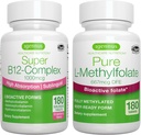 Super B12-Complex 1000mcg + ren folat 400mcg Vegan Bundle, høy absorpsjon sublingual vitamin B12 med Metylkobalamin, Adenosylcobalamin & Hydroxokobalamin + Optimisert L-Metylfolat, ved Igennus
