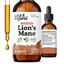Wild & Organic Lions Mane flytende dråper - Focus & Brain Support - Lions Mane Supplement - Hericium Erinaceus Mushroom Extract Tinktur - Vegan, alkohol & sukker-fri - 2 fl oz
