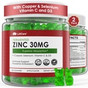Sink Gummies + Kobber, Selenium, Vitamin C & D3, Fermentert Sink Kosttilskudd for kvinner og menn med eldrebær for daglig immunstøtte, kraftig antioksidant, høy absorpsjon, vegansk, sukkerfri, 2 pakke