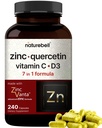 NatureBell Zinc Quercetin med vitamin C & D3, 240 kapsler | Quercetin 1000 mg + sink 50 mg + vitamin C 250 mg + vitamin D3 5000 IE |i-1 Avansert immun- og lungestøtte | ZincVanta formel