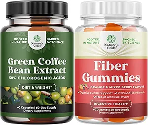 Bundle av ren grønn kaffebønne ekstrakt med 50% klorogen syre for antioksidant hjerte helse mental fokus og tastig fiber gummier med prebiotisk løselig Chicory rot for immunitet digestiv støtte
