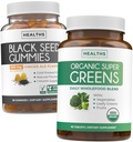Svart Seed Olje Gummies & Super Greens (1-måned) - Daglig Grønn Boost - Svart Seed Olje Gummies Ginger Ale Flavor Cold-Pressed Nigella Sativa & Organic Super Greens Komplet Super Mat Supplement