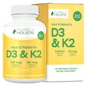 Rent holistisk vitamin D3 125mcg og vitamin K2 90mcg MK7-4 måneds forsyning 150 vegetariske kapsler - vitamin D3 & K2 Menaqunione - høy styrke kolekalciferol laget i USA