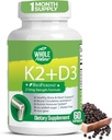 K2 D3 Vitamin Supplement med BioPerine - Vegansk Kalsium med vitaminer K og D - Avansert D3K2 VIT 5000 IE - 60 Vegansk D3 Plus K2 MK-7 Komplekse ernæringskapsler for hjerte og bein helse (1