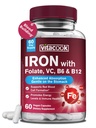 Iron Supplement for kvinner og menn, jern bisglykinat med vitamin C, B6, B12, Folat, magevennlig, ikke-forsterkende, blod helse og energi Boost, 60 Vegan Caps