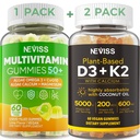 NEVISS 50+ Daglig Gummy Multivitamin Algae Omega 3 & Kalsium, CoQ10, Magnesium + Vitamin D3 5000IU Gummies 125mcg med kalsium 600mg, K2(MK7) 200mcg