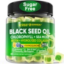 Svart Seed Olje Gummies, Klorofyll & Sea Moss Supplement 500 mg, Biotin 500mcg med Hydrolysert kollagen for hud, hår og negler, Vit E, C, sink for generell helse, organisk kaldt presset, høy absorpsjon