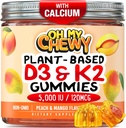 Senterfylket vitamin D3 K2 Gummies - Barn, Tenåringer og voksne - Tilskudd for sunne tenner, bein, energi og immunitet - 5000 IU D3, 120 mg K2(MK-7), 120 mg kalsium - Vegan & ikke-GMO - 60 greve