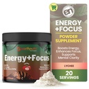 EarthNutri Energy + Focus Powder Supplement - Energi øker og hjelper konsentrasjon med PeakO2, AlphaSize, Cognizin, PurCaf, Theacrine, Acetyl L-karnitin L-tyrosin - Lychee Flavor - 20 Serveringer (171g)
