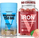 Jern Supplement med Magensium Gummies, Vegansk jern Gummies med vitamin C, A, B-kompleks, folat, sink for voksne og barn, for jernmangel, anemi, avslapping søvn, ikke-GMO