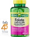 Folate 1,333 mcg. Spring Valley Folate Diett Supplement, 1,333 mcg DFE, 400 count, Folate Supplement for kvinner Graviditet, Folesyre 800 bundle med Luall 45 Diabetes Dekodet